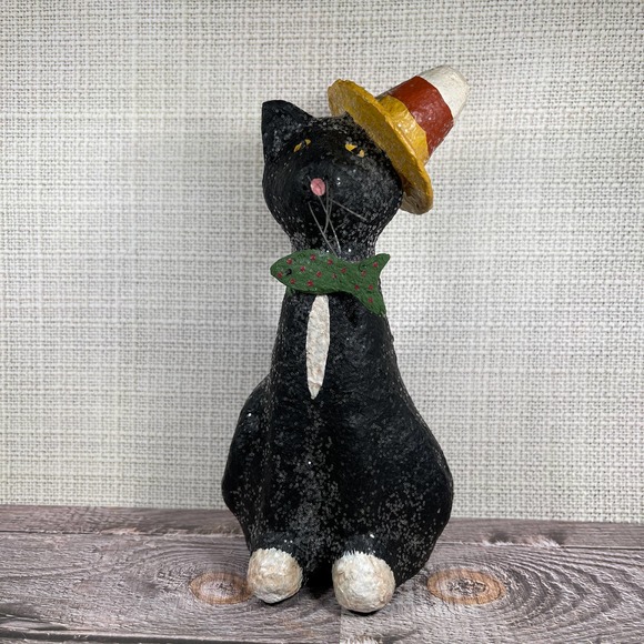 Black Halloween Cat Candy Corn Hat and Fish Bow Tie Sparkly Home Decor - Picture 1 of 6